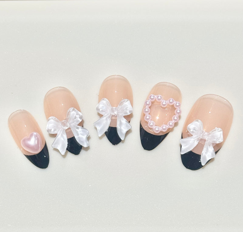 French Black Pink Ribbon Press On Nails (24pcs)