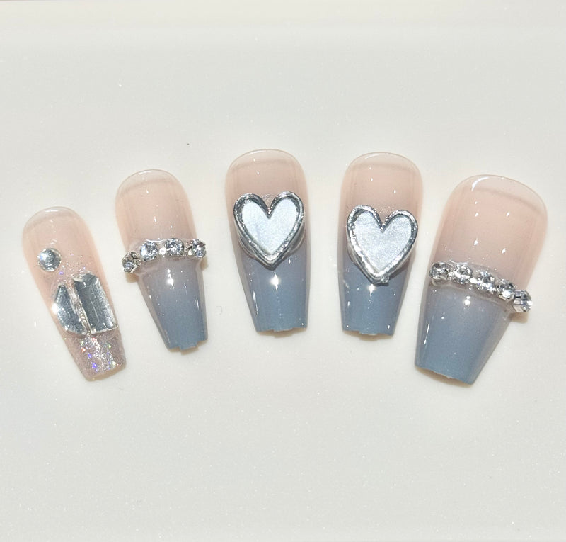 Ombre Blue Metal Heart Press On Nails (24pcs)