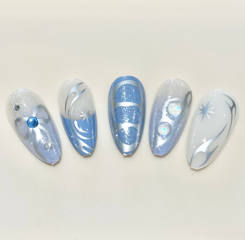 American Style Blue Sliver Water Ripples Press On Nails (24pcs)