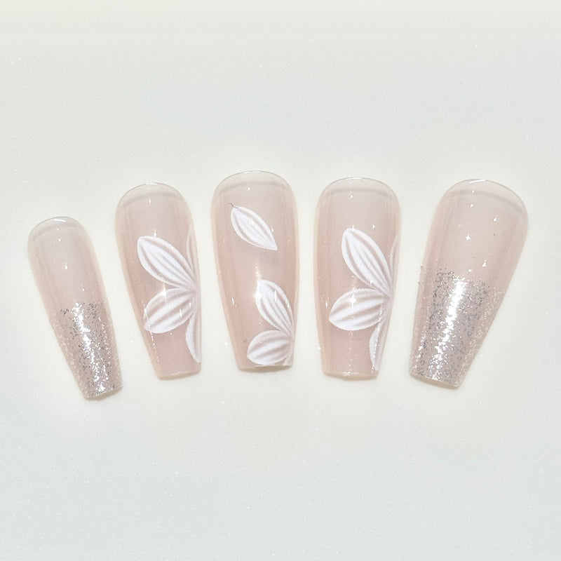 Nude Pink Semi Sheer Glitter Press On Nails (24pcs)