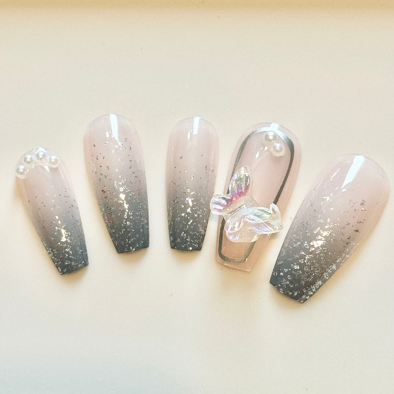 Grey Green Gradient Butterfly Press On Nails (24pcs)