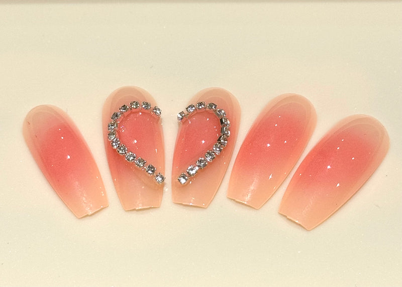 Glossy Pink Heart Diamond Press On Nails (24pcs)