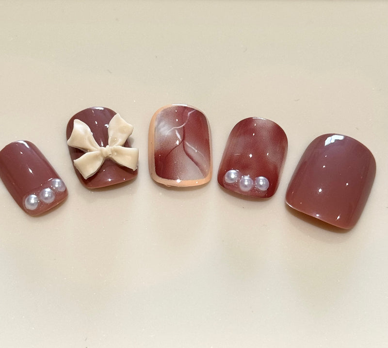 Red Marble Ribbon Press On Nails (24pcs)