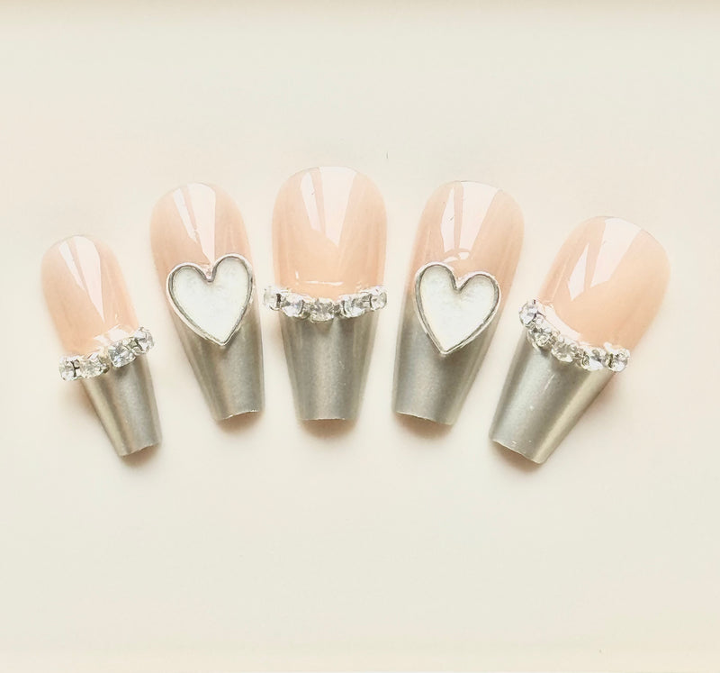 Metallic French Heart Press On Nails  (24pcs)