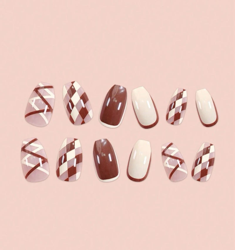 Brown Rhombus & Grid Press On Nails (24pcs)