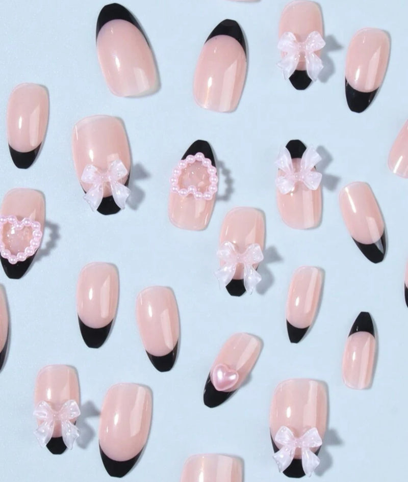 French Black Pink Ribbon Press On Nails (24pcs)