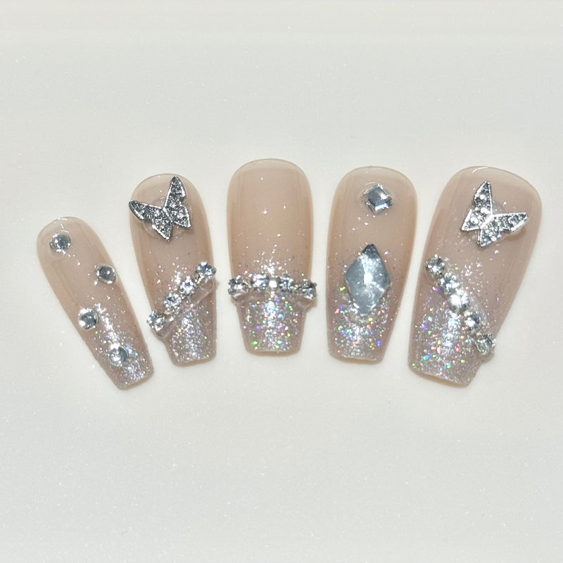 Bling Bling Sliver Ring Butterfly Press On Nails (24pcs)