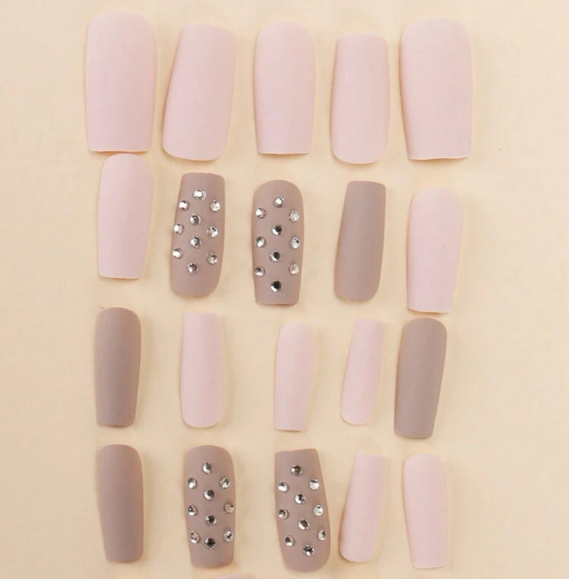 Fashion Matt Pink & Grey Rhinestone Press On Nails (24pcs)