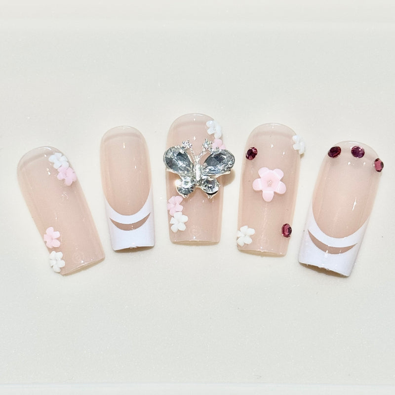 Floral 3D Diamond Butterfly Press On Nails (24pcs)