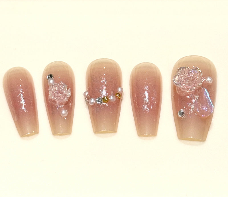 3D Rose Glitter Press On Nails (24pcs)