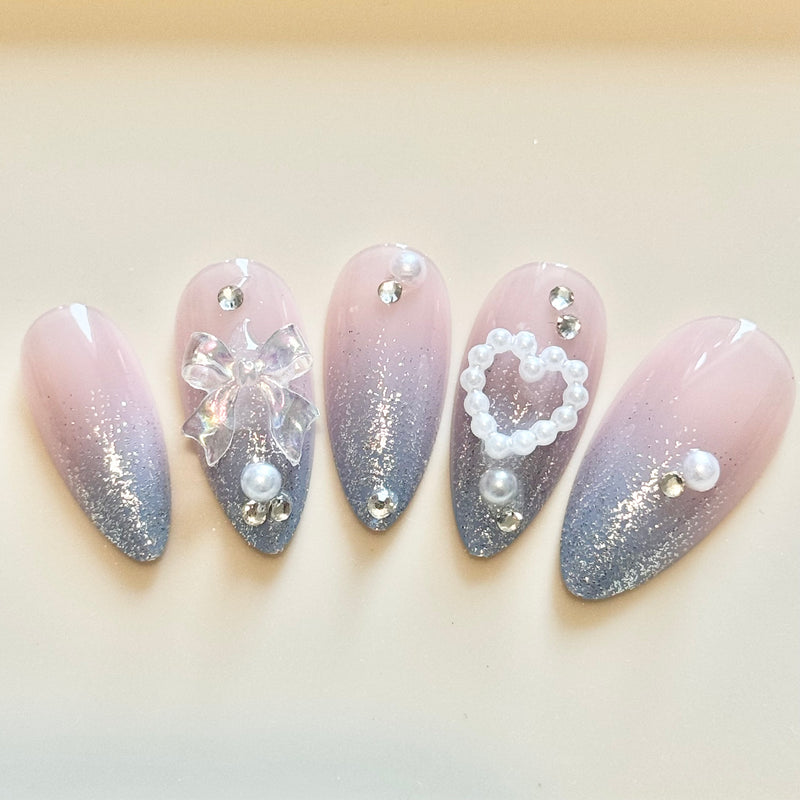 Blue Pink Princess Heart Press On Nails (24pcs)