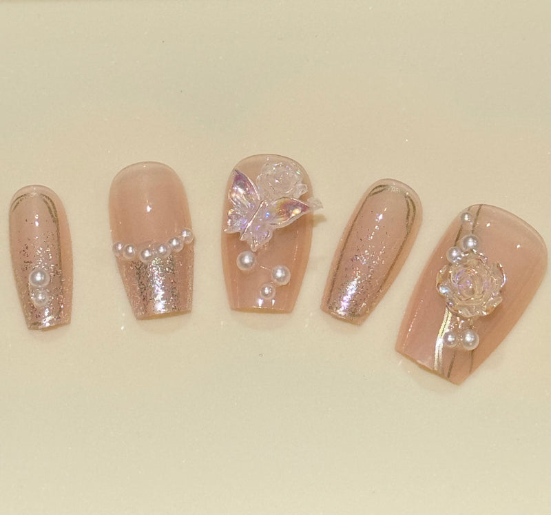 Pink Butterfly & Pearl Press On Nails (24pcs)