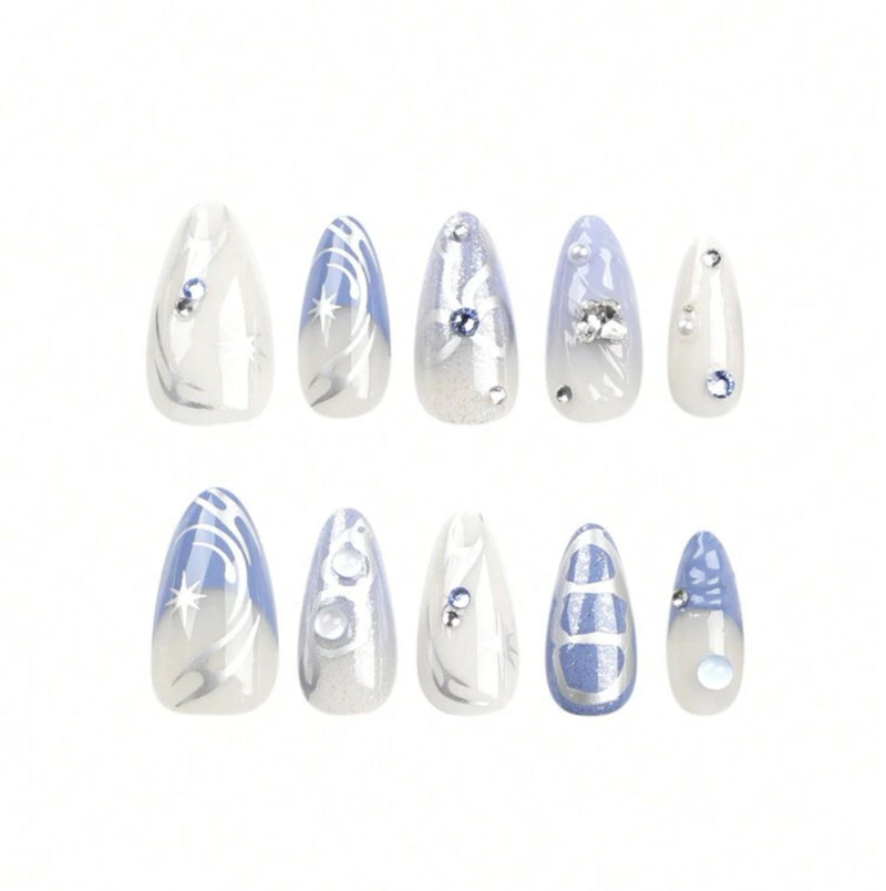 American Style Blue Sliver Water Ripples Press On Nails (24pcs)