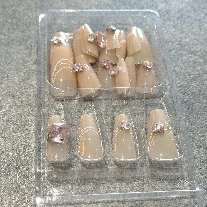 Nude Pink Diamond Butterfly Coffin Shaped Press On Nails (24pcs)