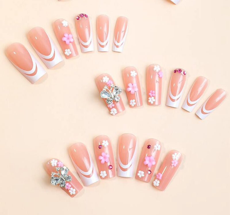 Floral 3D Diamond Butterfly Press On Nails (24pcs)