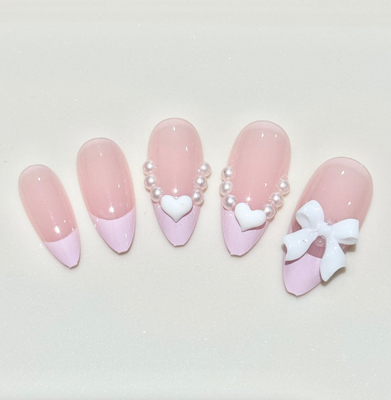 French Pinky Ribbon Press On Nails (24pcs)