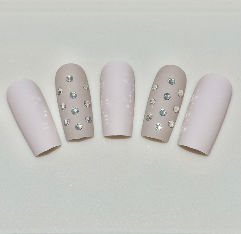 Fashion Matt Pink & Grey Rhinestone Press On Nails (24pcs)